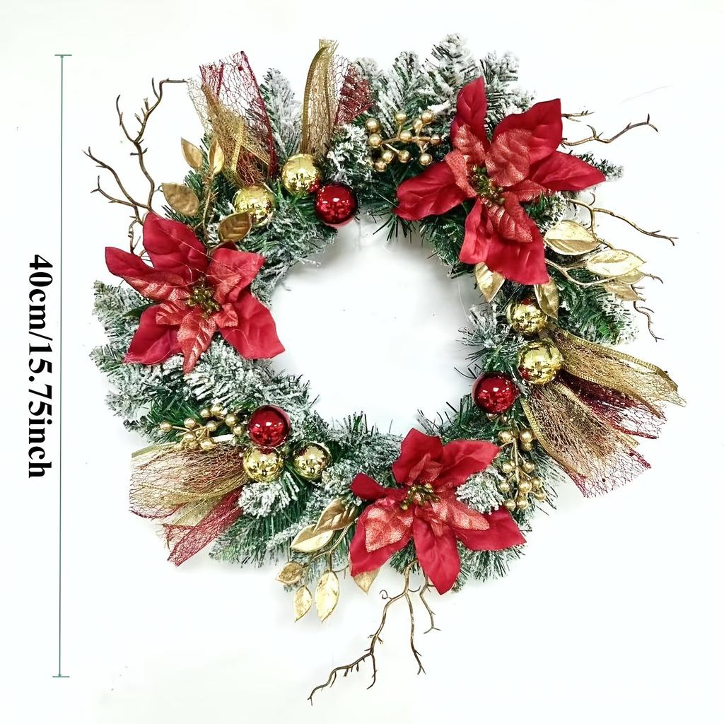 40CM Red Wreath Christmas Wreath For Fornt Door Gold Red Flowers Wreath Door Window Hanging Outdoor Indoor Christmas Decoration