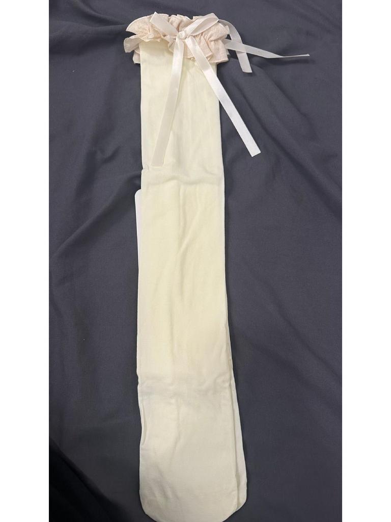 White Bow Lace Trim Lolita Thigh High Stockings - Spring/Summer Women's Ballet Style Over-the-Knee Socks in Milk White