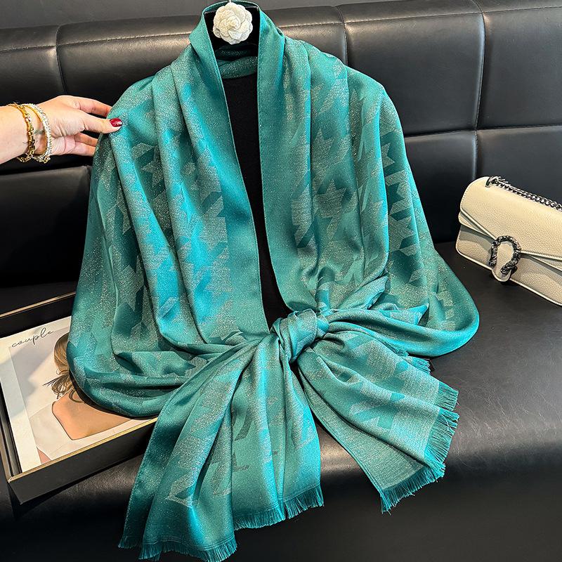 

Новый весенне-летний искусственный шелковый шарф с узором «гусиная лапка», модный высококачественный универсальный женский шарф-шаль из 10-шелкового хлопка с золотой проволокой 200*70CM