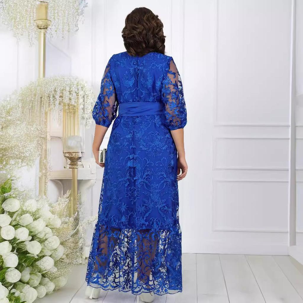 Plus Size  New European American Style Heavy Lace Embroidery Cocktail Evening Dress Two-piece Set for Women