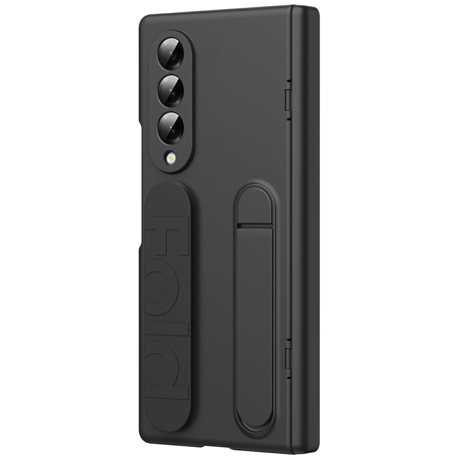 

For Samsung Galaxy Z Fold3 5G Case with Tempered Glass Film Silicone Wristband Kickstand PC Phone Cover Black