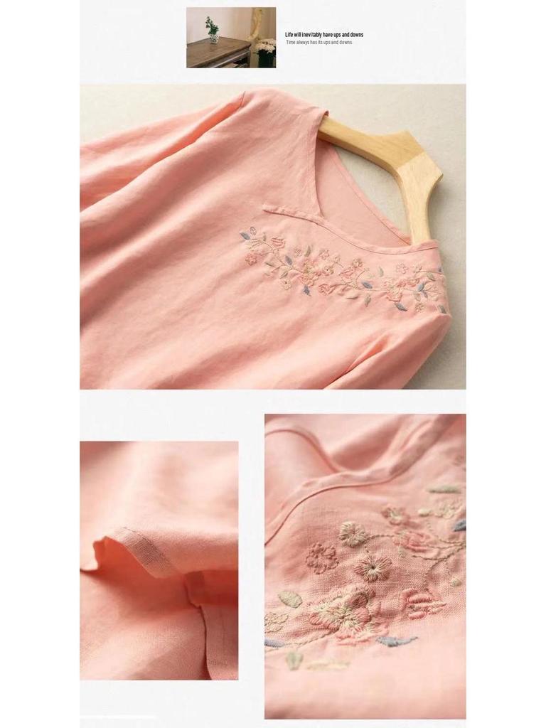 Women's Cotton Linen Embroidered Retro Shirt, Seven-Sleeve with Frog Button, Loose Plus Size Summer Top