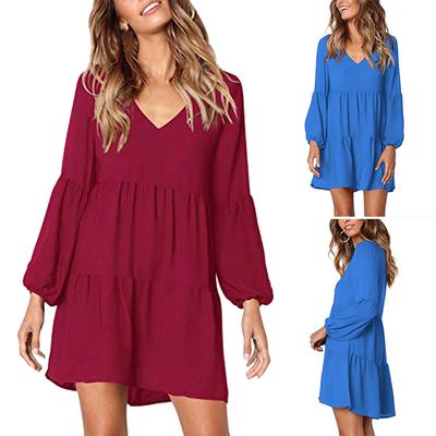 Fashion Women Long Sleeve V-Neck Draped Flowy Swing Dress