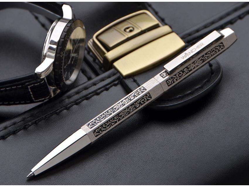 First Flight Goldfish Arabesque Brass Ballpoint Pen, Palladium-Plated 6-Sided Design