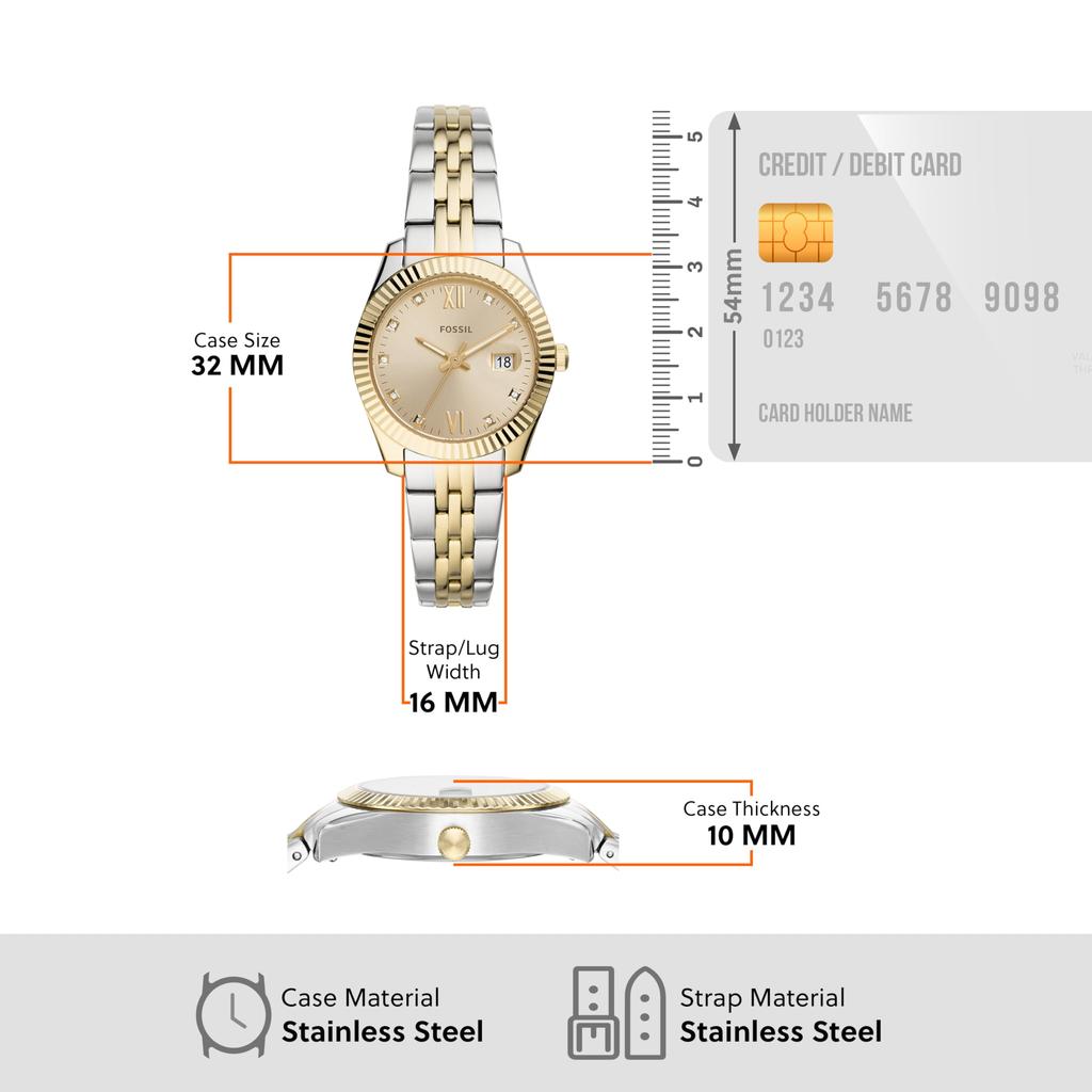 Fossil Scarlette Mini Date Stainless Steel Watch Three-Hand Two-Tone