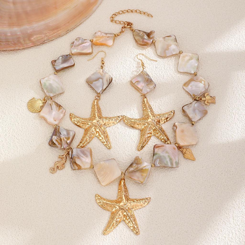 Boho Ocean Style Starfish Pendant Necklace and Drop Earring Set Irregular Natural Shell Beads Sea Animal Charms Women Beach Vacation Matching Jewelry
