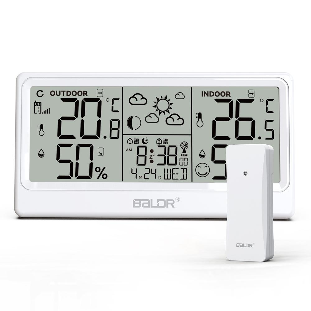 

Baldr 8.5 Large Screen Weather Station RCC Atomic Alarm Clock Thermometer Hygrometer Moon Phases 100M Wireless Outside Forecast белый