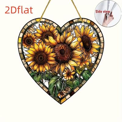 2D Flat Village Style Sunflower Heart-Shaped Acrylic Decoration Sign Suitable for Wall Decoration, Porch, Room, Villa, Accents Home, Hallway, or Workp