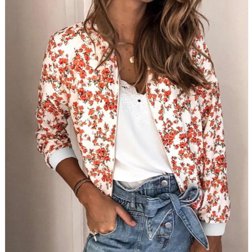 Women's Autumn/Winter Fashion Printed Round Neck Zipper Long Sleeve Jacket (2020)