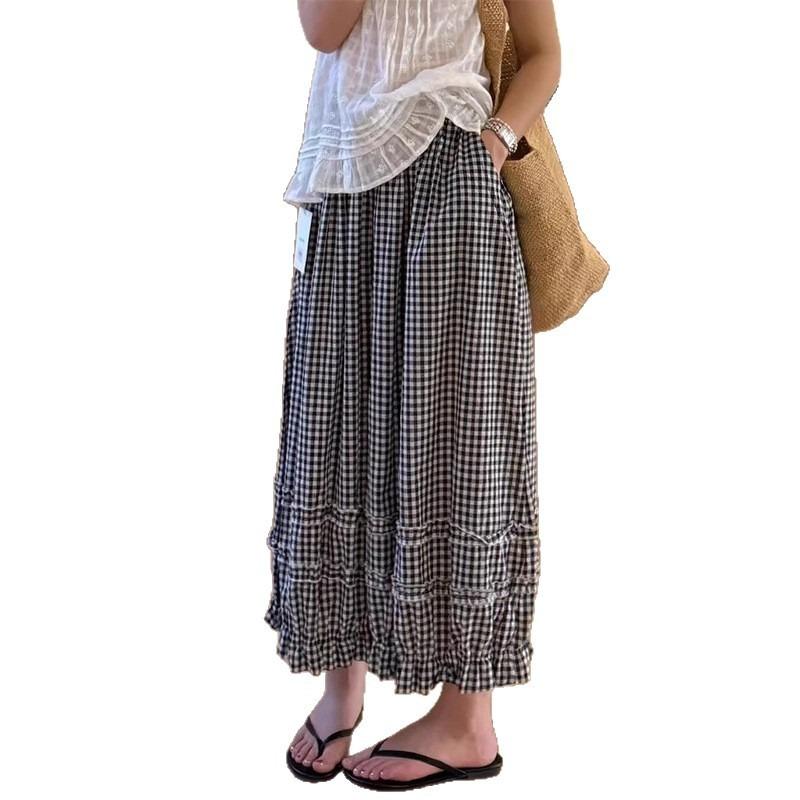 Lace Plaid Bloomers Women's Summer Thin New Lazy Style High Waist Loose and Thin Nine-point Casual Pants