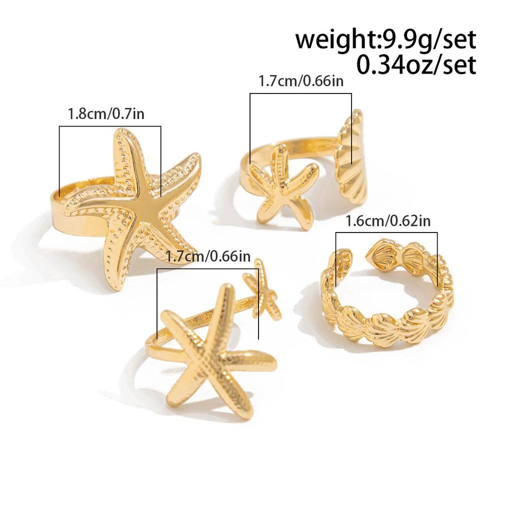 4Pcs/Set Starfish Scallop Adjustable Open Rings for Women Trendy Geometric Ring Summer Beach Jewelry Accessory