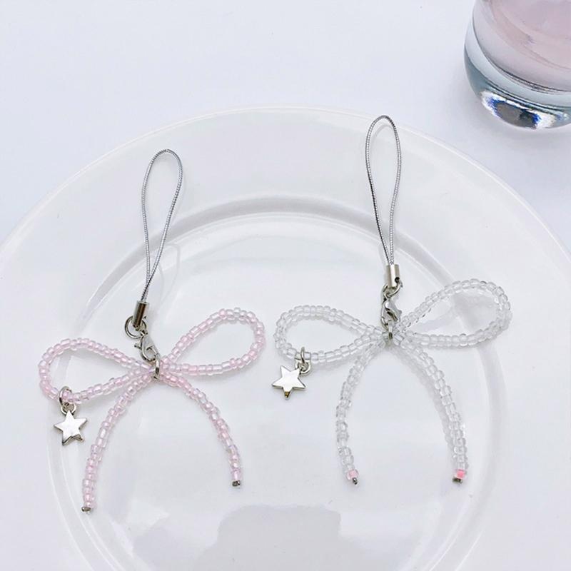 Beaded Bowknot Star Hanging Pendant Sweet Phone Strap Bag Decoration Portable Hanging Lanyard Gift for Girls Women