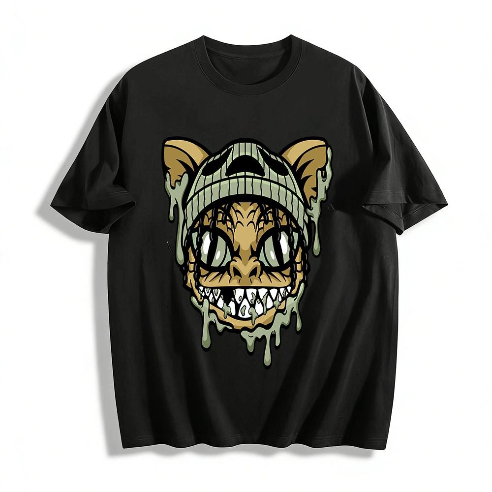 Weird Grunge Style Cat Monster Print Casual Top Pure cotton T-shirt XXS