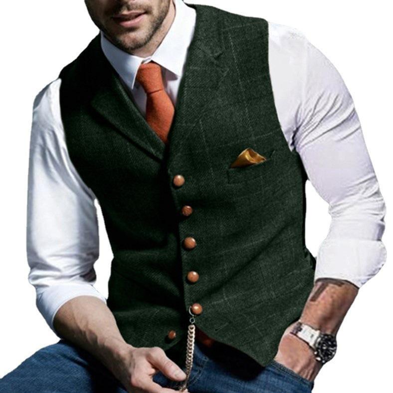 Mens Suit Vest Notched Plaid Wool Herringbone Tweed Waistcoat Casual Formal Business Groomman For Wedding
