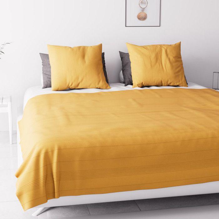 Jeté de lit - Soleil d'Ocre - Adèle - Jaune moutarde - 240x220 cm - Fines rayures ton sur ton