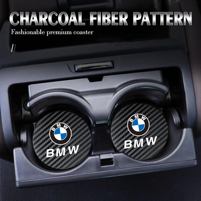 2PCS Car Logo Carbon fiber Water Cup Pad Sticker Decoration For BMW X1 X2 X3 X5 X4 X6 X7 iX3 F20 F10 F07 E70 E46 E90 E92 E60 E39