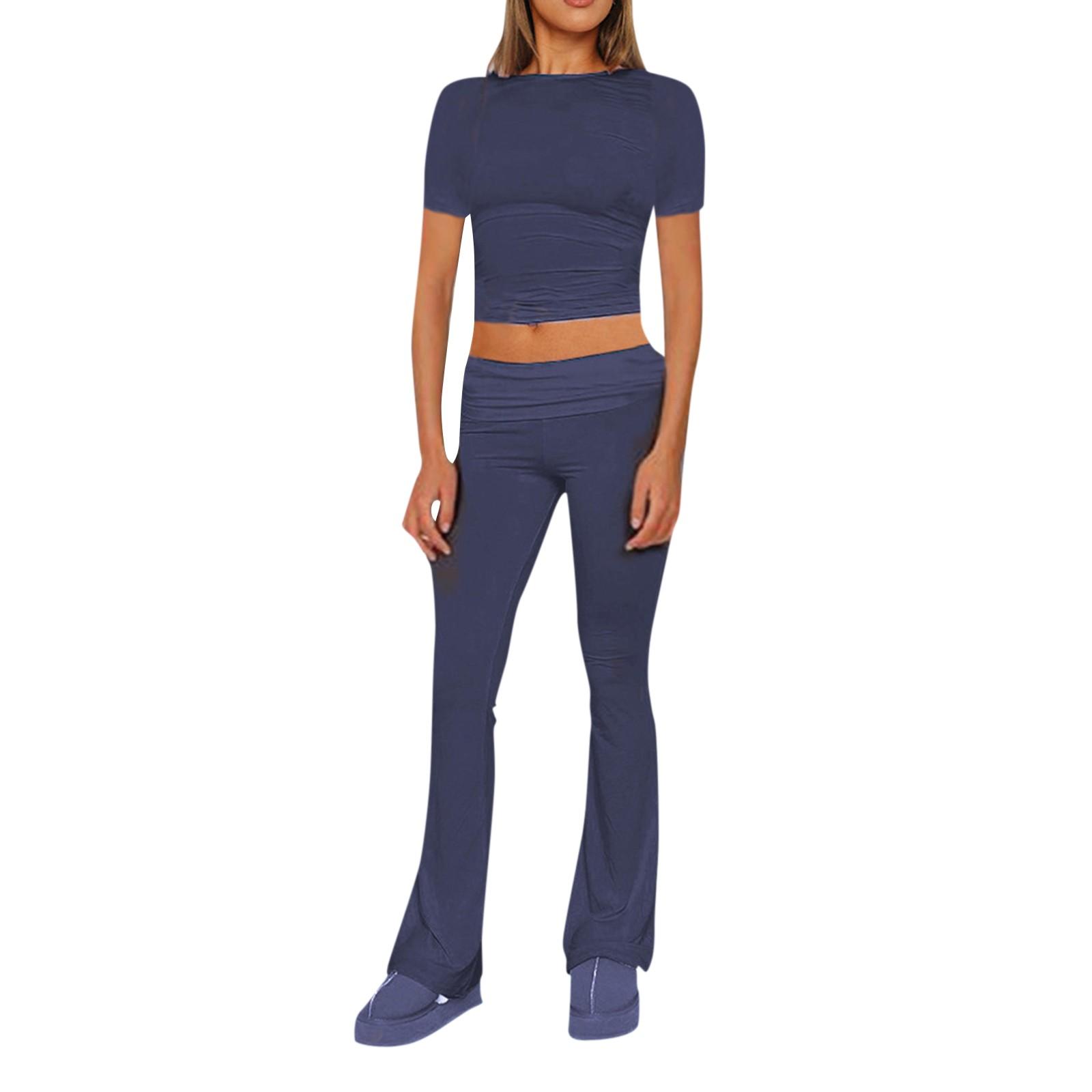 

Женский модный однотонный комплект с круглым вырезом и короткими рукавами, широкие брюки M тёмно-синий