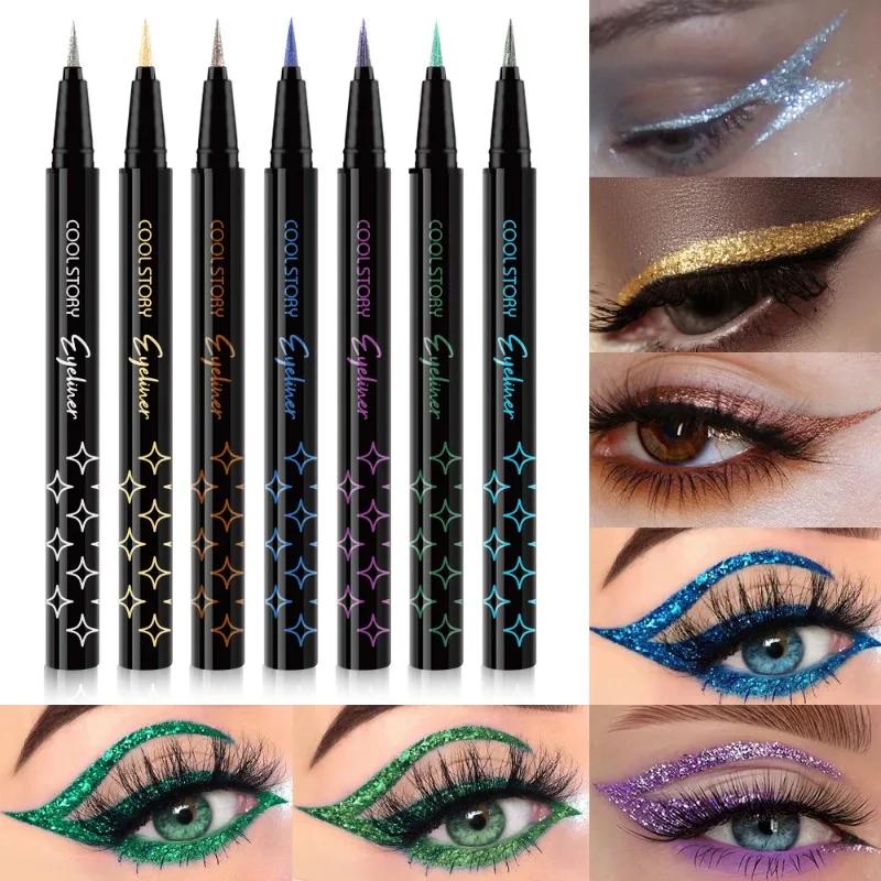 6-Color Waterproof Glitter Eyeliner Pen Long-Lasting Quick-Dry Diamond Shining Eye Shadow Stick for Big Eye Makeup