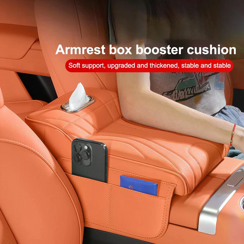 Car Center Console Armrest Cushion with Tissue Box Holder - Thickened Padding & Side Extension for Long-Drive Comfort