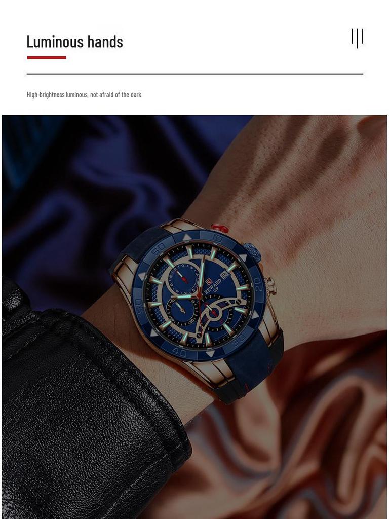 Herren-Chronographuhr - Wasserdicht, Leuchtend, Farbblockiertes Silikonarmband, Sportliches Design
