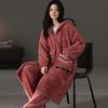 Nightgown Women's Buckle Autumn and Winter Thickened Fleece Flannel Long Pajamas Coral Fleece Thermal Bathrobe Morning Gown with Pants