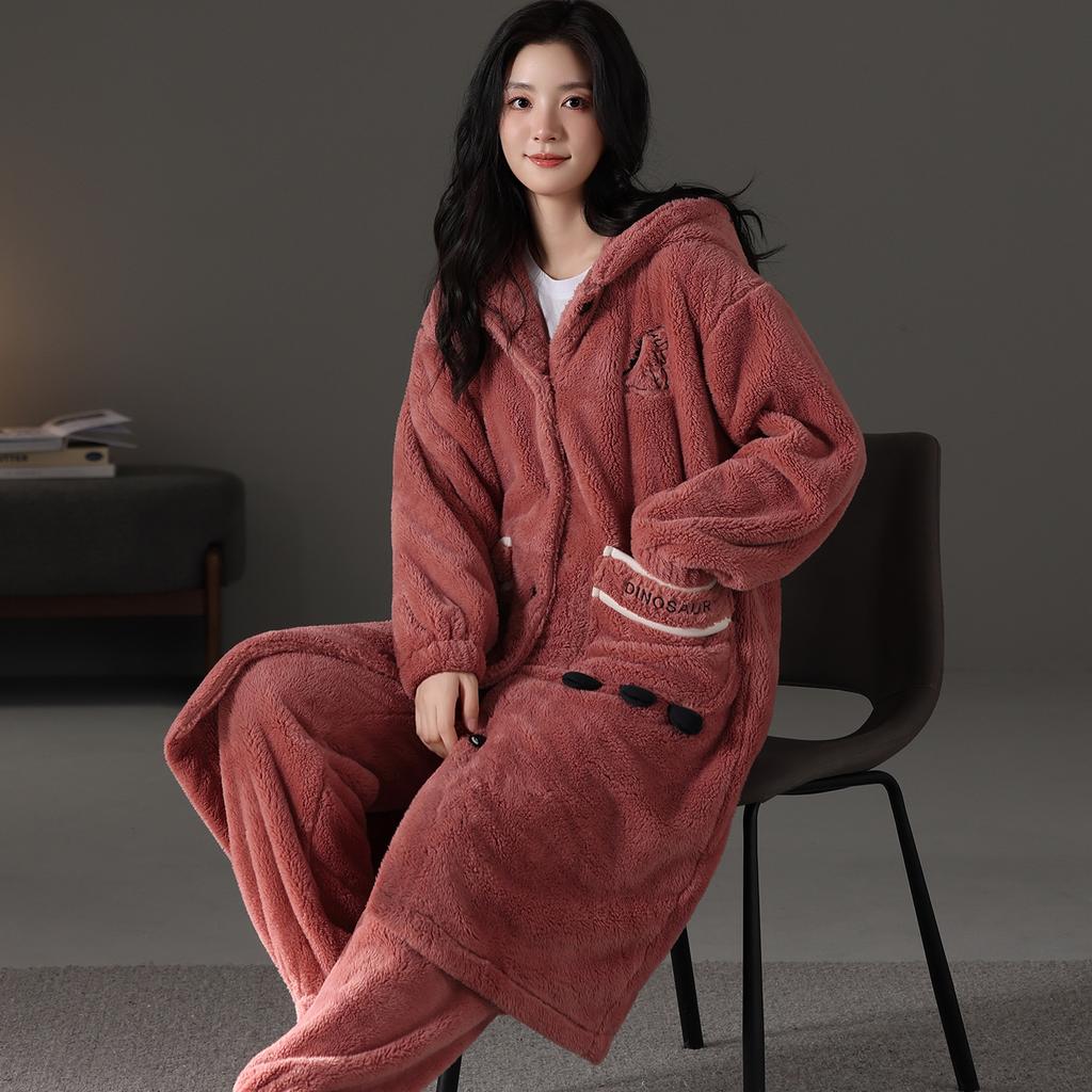 nightgown women's buckle autumn and winter thickened fleece flannel long pajamas coral fleece thermal bathrobe morning gown with pants