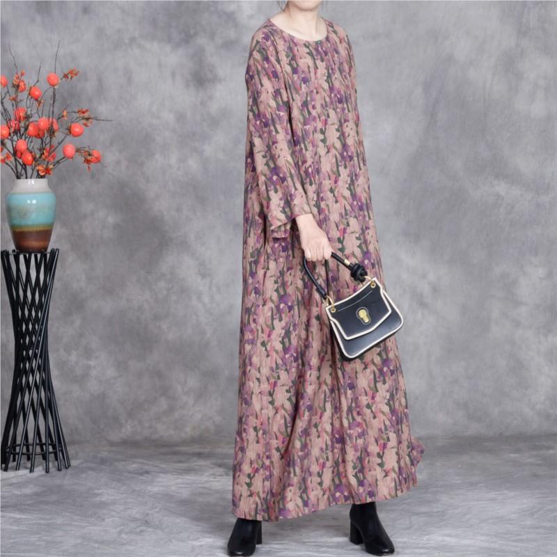 Johnature High Quality Vintage Dress For Women O-Neck Long Sleeve Print Floral Spring Loose Casual Dresses