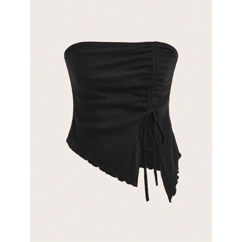 Women European Style Drawstring Irregular Slit Waffle Fitted Strapless Tube Crop Top