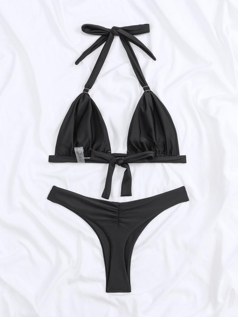 Solid Tie Thong Sexy Bikini Set Elegant Comfortable Two Piece Swimwear