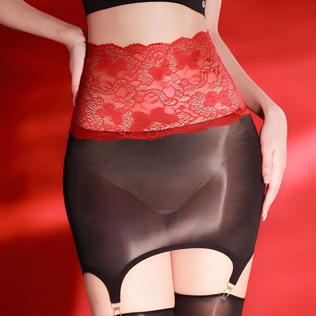 Damen seidiger Strumpfhalter mit Haltestrümpfe-Clips Sexy Dessous Öl Glänzend Spitze Transparenter Strumpfhalter Pole Dance Minirock