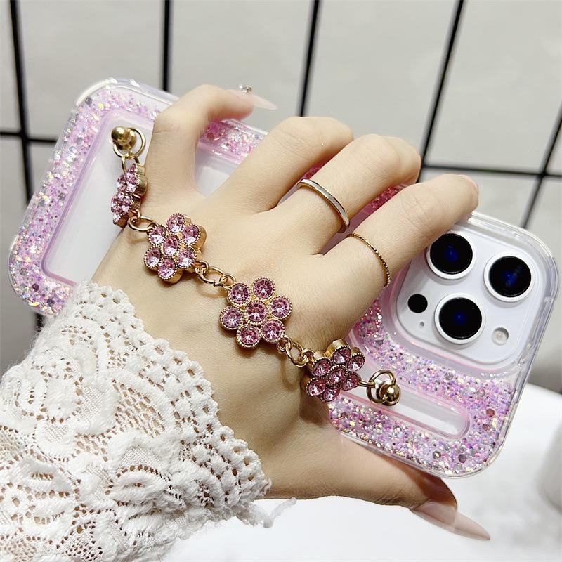 Glitter Rhinestone iPhone 16 Case with Plum Blossom Bracelet - Transparent, Suitable for Models 12-16