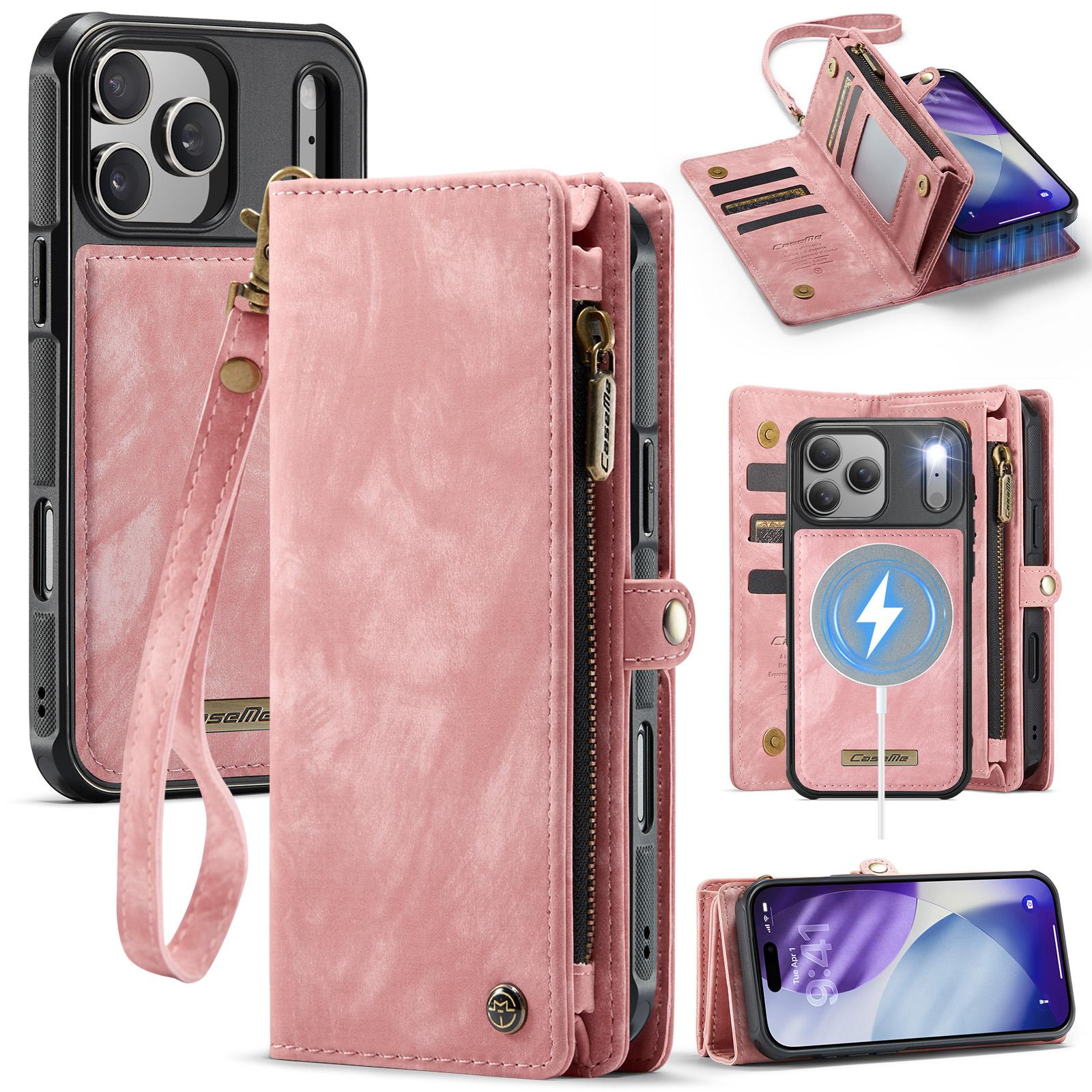 CaseMe-008 For iPhone 17 Pro Max Luxury Separable 2 in 1 Zipper Wrise Strap Multi Cards Wallet Case Phone Back Cover 17.4*8.3*3.4cm