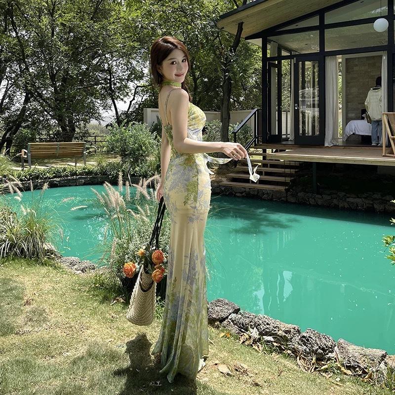 Chest Pads, Exotic Temperament, Elegant Two-piece Set, Summer Sleeveless Suspender Top, Printed Skirt for Women