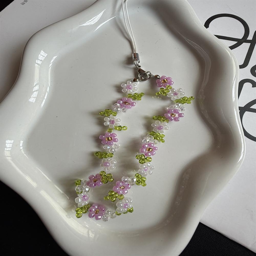 Handmade Girl Phone Lanyard With Floral Green Leaf Beads Pvc Cord For Smartphone Accessories