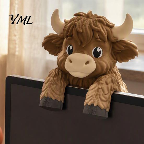 Einzigartiges Büro-Arbeitsplatz-Gadget Niedliche Hochlandkuh Monitor-Sitzer Dekoration, 3D-gedruckte Figur, Lustiger Computerbildschirm-Topper Schreibtisch-Ornament