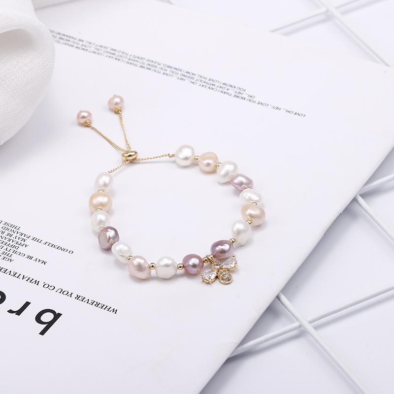 High Quality Sweet Honeybee Shiny Crystal Mixed Color Natural Freshwater Pearl 14K Gold Filled Female Charm Bracelet