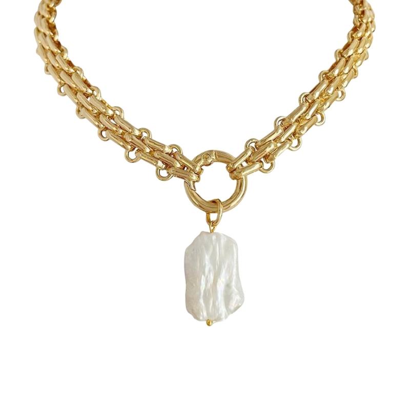 Geometric Square Freshwater Pearls Pendant Choker Chain Necklace Portable for Women Vintage Inspire Baroque Styles