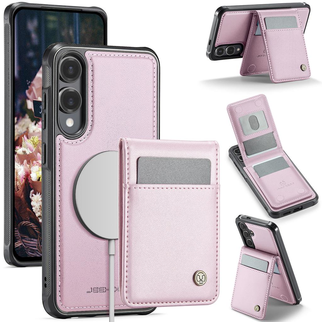 For Samsung Galaxy S25 Edge Leather Back Cover Compatible with MagSafe JEEHOOD J06 Phone Case with Card Bag RFID Blocking
