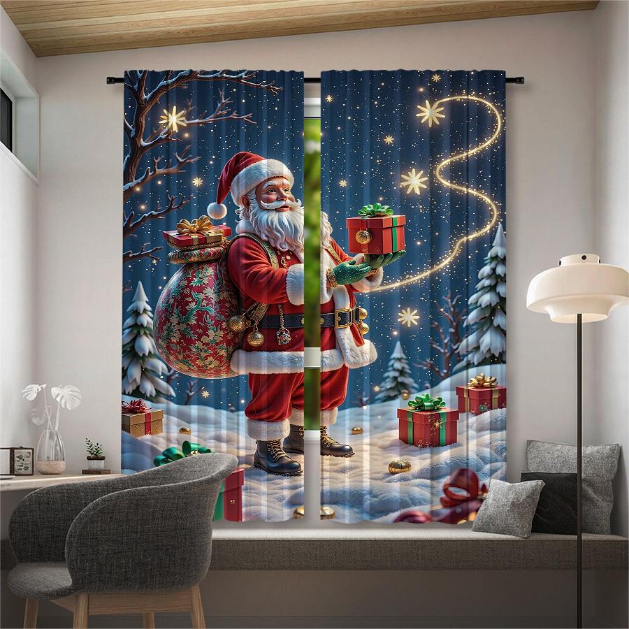 2PCS- Christmas Santa Claus Christmas Tree Pattern Printed Curtains   Christmas Decorations   Home Decorations   Room Decorations