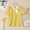 VONDA Women Stand Neck Puff Sleeve 3D Flower Polka Dots Casual Cropped Blouse