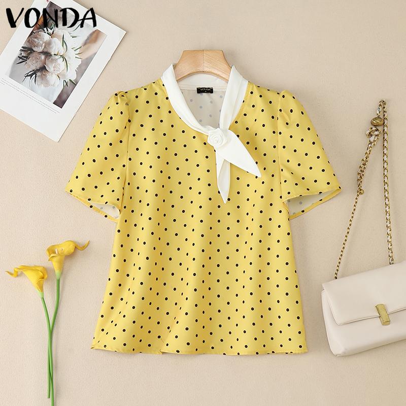 

VONDA Women Stand Neck Puff Sleeve 3D Flower Polka Dots Casual Cropped Blouse 5XL жёлтый