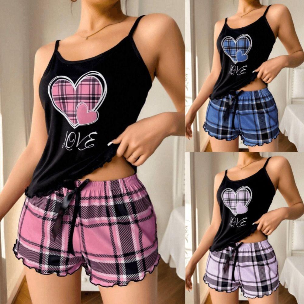 Homewear Two Piece Nightwear Love Heart Cami Shorts Pajamas Kawaii Women's Pajamas Set  Women