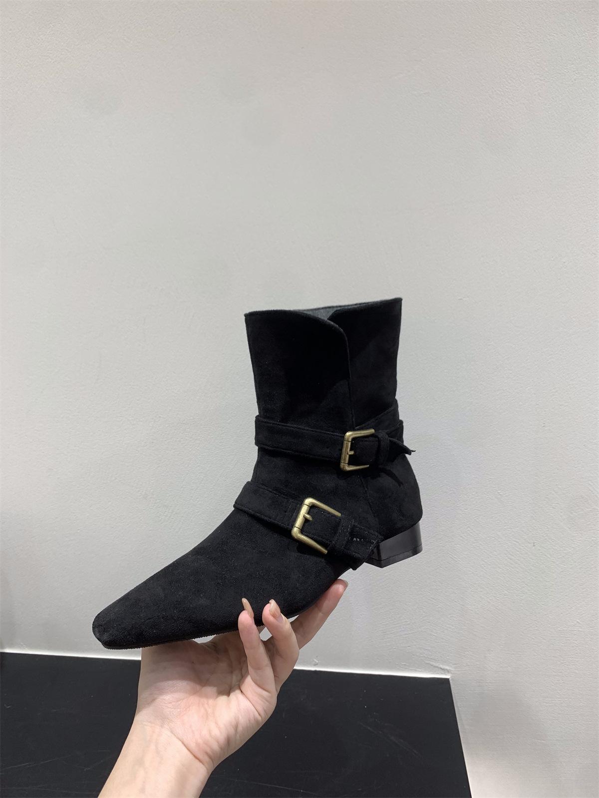 

Толстый каблук ретро хаки замшевые ковбойские сапоги короткие сапоги женская обувь 2024 новые весенние и осенние одинарные сапоги маленькие голые сапоги 40 чёрный