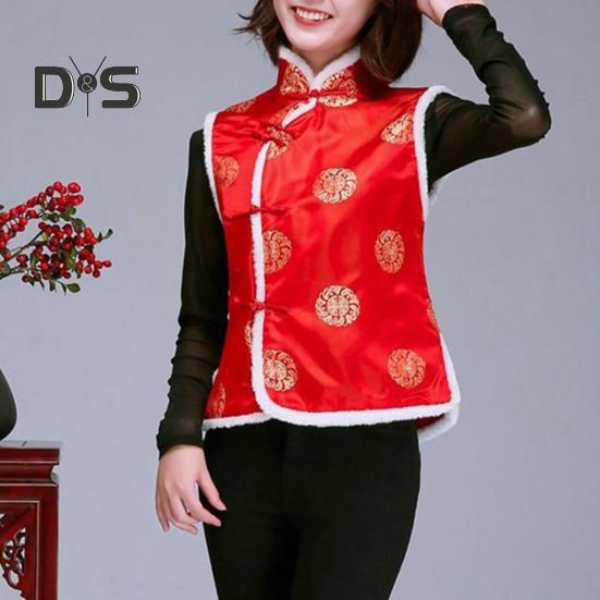 Women Winter Vest Chinese New Year Style Stand Collar Neck Protection Sleeveless Single-breasted Printed Thickened Festive Warm Spring Festival