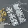 12-Grid High-Gloss Pearl Rice White Nail Art Decorations: 6-Piece Round and Half-Round Mixed Size Set