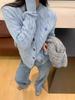 Korean Style Embroidered Pony Logo Knit Cardigan, Versatile Autumn Winter Round Neck Cable Sweater for Women