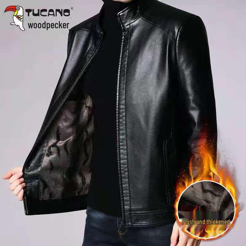 Men's Casual Autumn Leather Jacket - Middle-aged Plus Velvet Thick Style