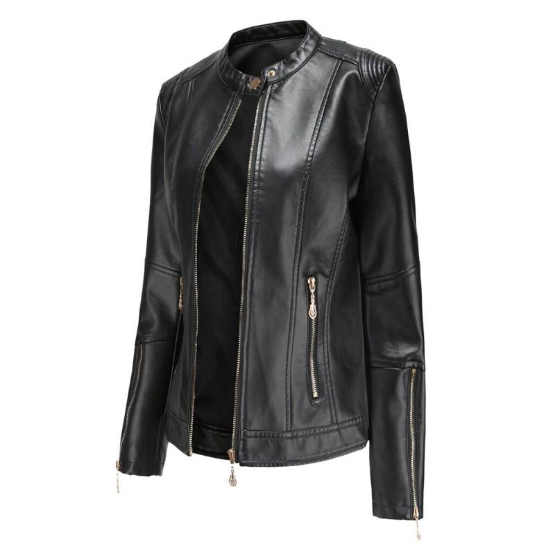Womens PU Leather Short Jacket Stand Collar Slim Fit Casual Outerwear In Navy Blue