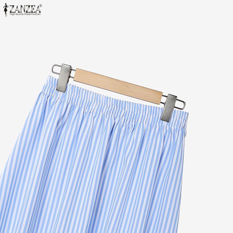 ZANZEA Damen Langarmbluse und Lange Röcke Lässige Streifenprint Zweiteilige Sets