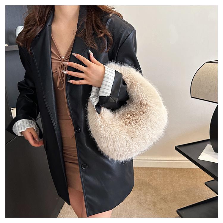 2025 Autumn/Winter Women's Minimalist Fluffy Shoulder Bag - Versatile Solid Color Handbag